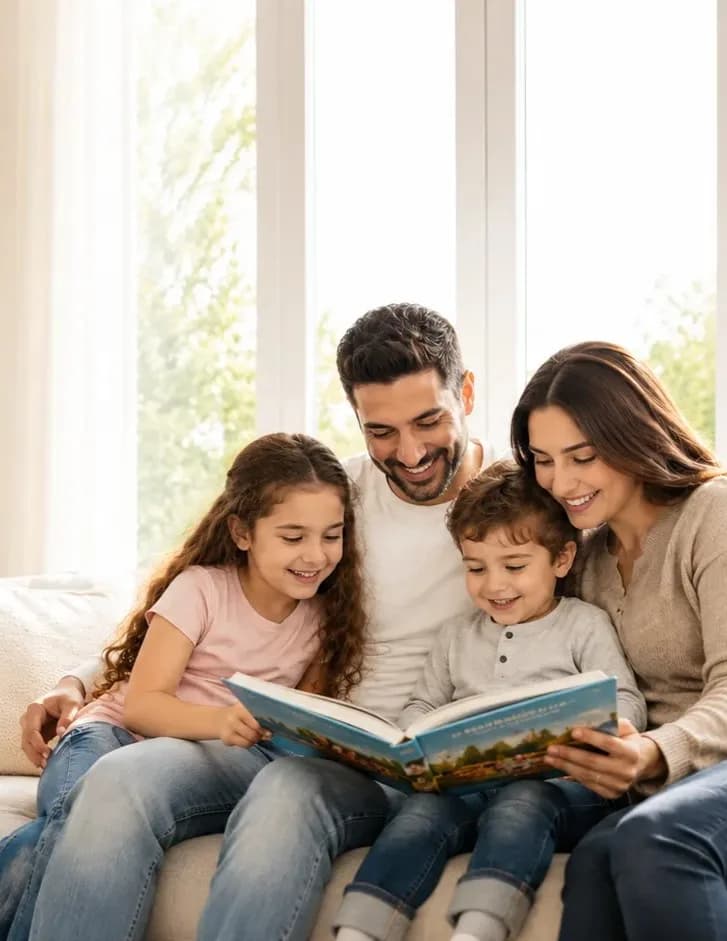 Family reading a book together on the sofa